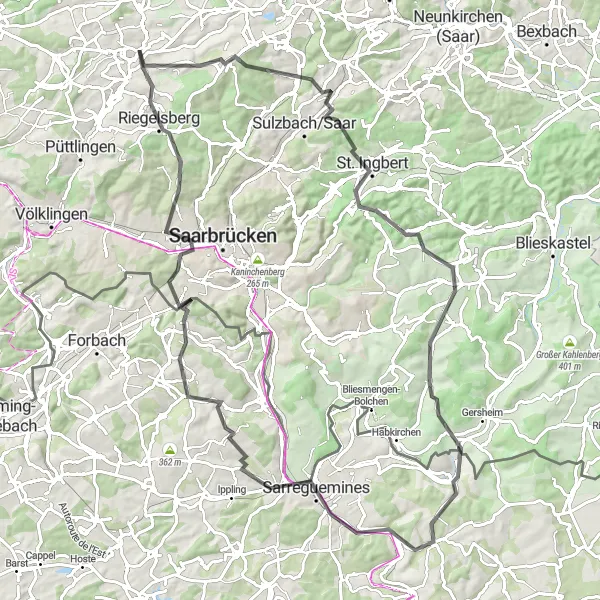 Map miniature of "Heusweiler to Riegelsberg Road Cycling Route" cycling inspiration in Saarland, Germany. Generated by Tarmacs.app cycling route planner