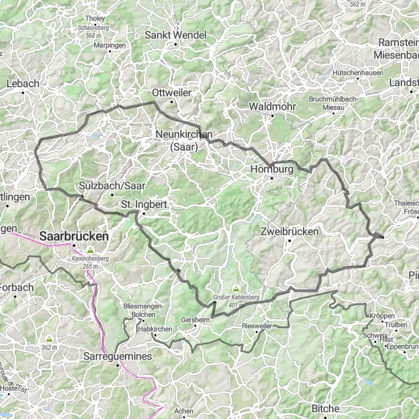 Karten-Miniaturansicht der Radinspiration "Illingen bis Kasberg Roadtrip" in Saarland, Germany. Erstellt vom Tarmacs.app-Routenplaner für Radtouren