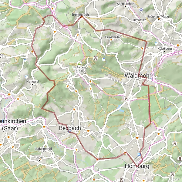 Map miniature of "The Gravel Adventure" cycling inspiration in Saarland, Germany. Generated by Tarmacs.app cycling route planner