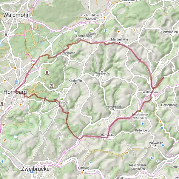 Map miniature of "Scenic Gravel Route" cycling inspiration in Saarland, Germany. Generated by Tarmacs.app cycling route planner