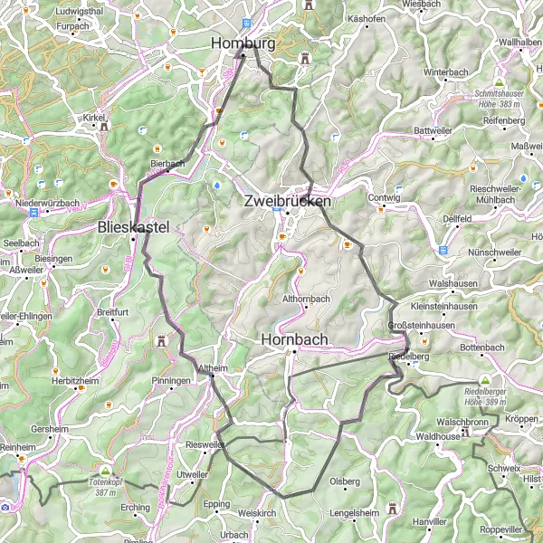 Karten-Miniaturansicht der Radinspiration "Zweibrücken - Homburg Straßenfahrt" in Saarland, Germany. Erstellt vom Tarmacs.app-Routenplaner für Radtouren