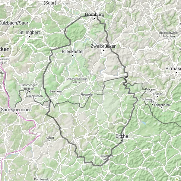 Karten-Miniaturansicht der Radinspiration "Rund um Homburg: Herausfordernde Straßenroute" in Saarland, Germany. Erstellt vom Tarmacs.app-Routenplaner für Radtouren