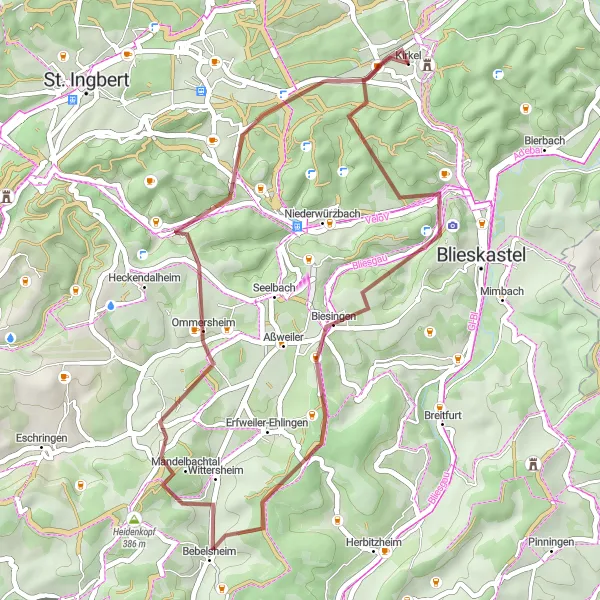 Map miniature of "Mandelbachtal Gravel Route" cycling inspiration in Saarland, Germany. Generated by Tarmacs.app cycling route planner