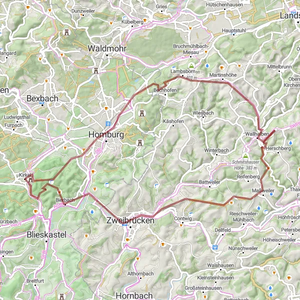 Map miniature of "Zweibrücken Gravel Adventure" cycling inspiration in Saarland, Germany. Generated by Tarmacs.app cycling route planner