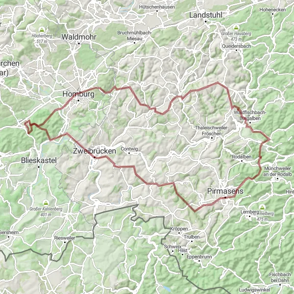 Map miniature of "Homburg Gravel Adventure" cycling inspiration in Saarland, Germany. Generated by Tarmacs.app cycling route planner