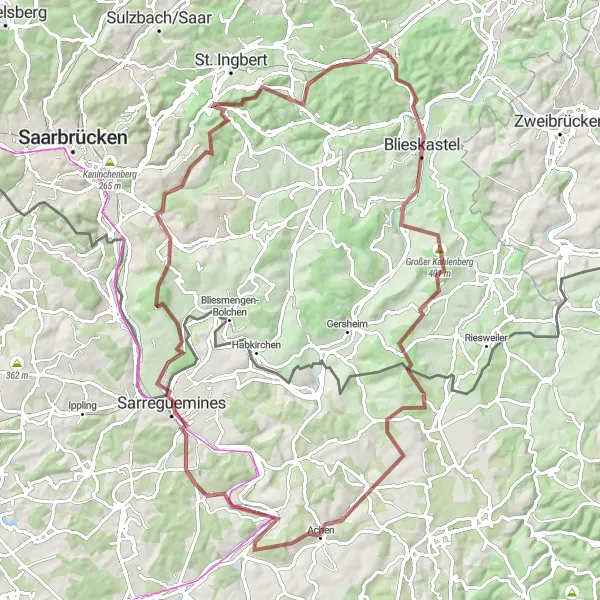 Map miniature of "Scenic Kirkel Gravel Ride" cycling inspiration in Saarland, Germany. Generated by Tarmacs.app cycling route planner