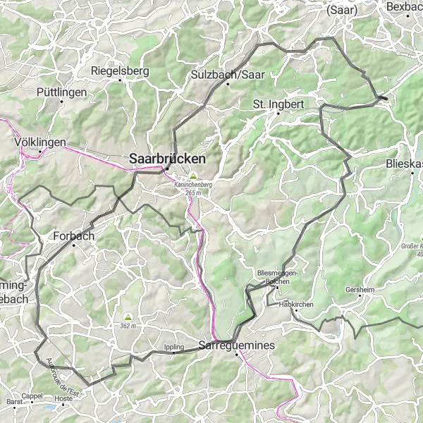 Map miniature of "Saarland Road Adventure" cycling inspiration in Saarland, Germany. Generated by Tarmacs.app cycling route planner