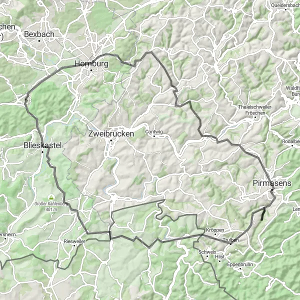 Map miniature of "Trulben Road Adventure" cycling inspiration in Saarland, Germany. Generated by Tarmacs.app cycling route planner