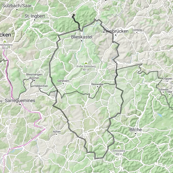 Karten-Miniaturansicht der Radinspiration "Bergtour durch die Region" in Saarland, Germany. Erstellt vom Tarmacs.app-Routenplaner für Radtouren