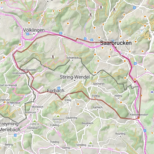 Karten-Miniaturansicht der Radinspiration "Gravel-Tour durch Forbach und Bübingen" in Saarland, Germany. Erstellt vom Tarmacs.app-Routenplaner für Radtouren