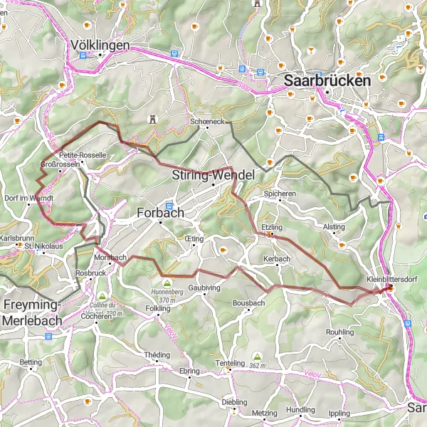 Karten-Miniaturansicht der Radinspiration "Gravel-Tour durch Kerbach und Großrosseln" in Saarland, Germany. Erstellt vom Tarmacs.app-Routenplaner für Radtouren