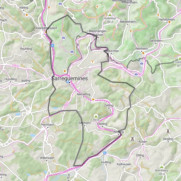 Karten-Miniaturansicht der Radinspiration "Rundweg von Kleinblittersdorf nach Grosbliederstroff" in Saarland, Germany. Erstellt vom Tarmacs.app-Routenplaner für Radtouren