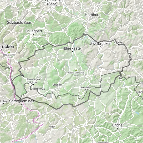 Karten-Miniaturansicht der Radinspiration "Rundweg von Kleinblittersdorf nach Sarreguemines" in Saarland, Germany. Erstellt vom Tarmacs.app-Routenplaner für Radtouren