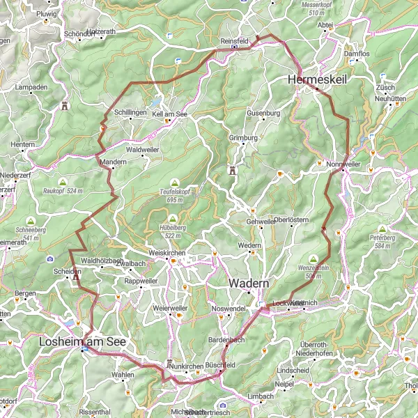 Map miniature of "Gravel Adventure through Hermeskeil and Nonnweiler" cycling inspiration in Saarland, Germany. Generated by Tarmacs.app cycling route planner