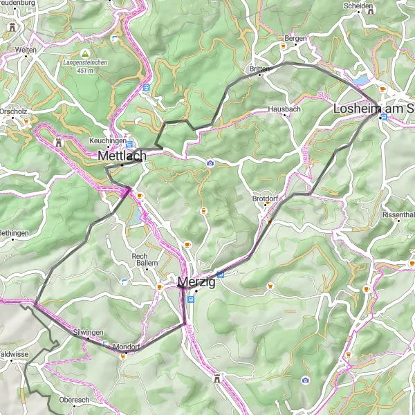 Karten-Miniaturansicht der Radinspiration "Kultur- und Naturtour: Zwischen Merzig und Losheim" in Saarland, Germany. Erstellt vom Tarmacs.app-Routenplaner für Radtouren