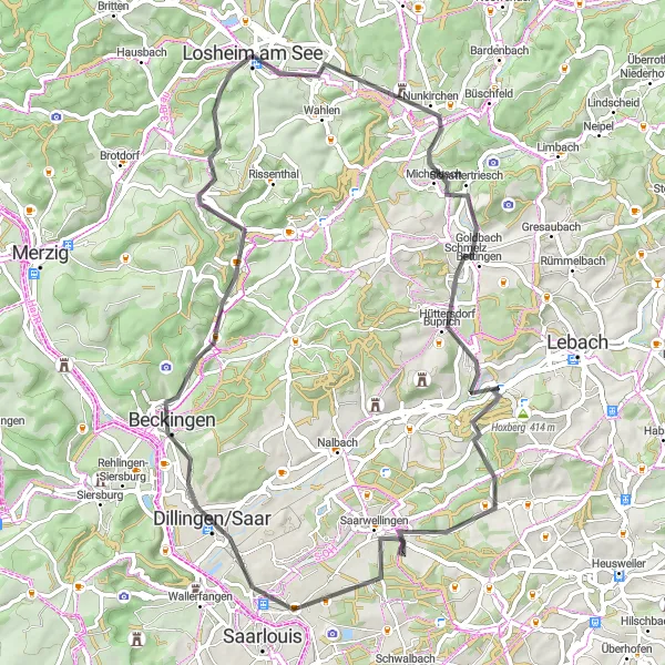 Map miniature of "Hill Challenges" cycling inspiration in Saarland, Germany. Generated by Tarmacs.app cycling route planner