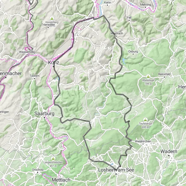 Map miniature of "Ultimate Road Cycling Challenge through Mertesdorf" cycling inspiration in Saarland, Germany. Generated by Tarmacs.app cycling route planner