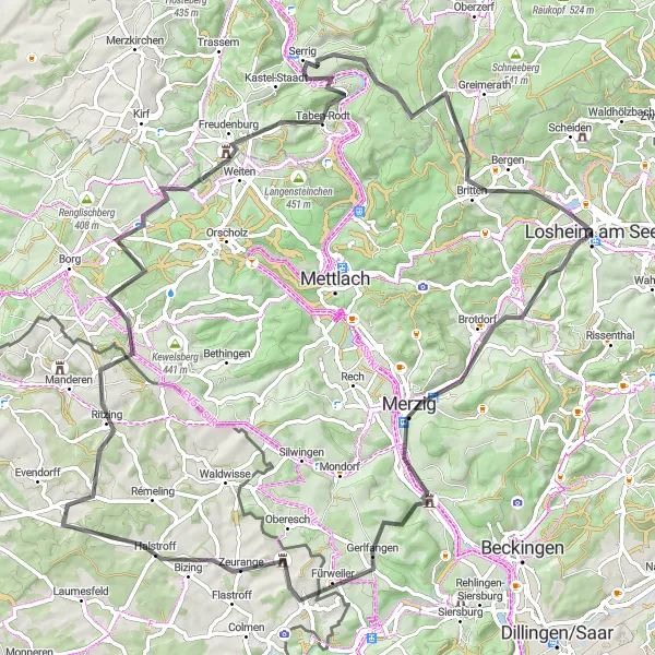 Karten-Miniaturansicht der Radinspiration "Hügelland-Runde durch die Saarlandschaft" in Saarland, Germany. Erstellt vom Tarmacs.app-Routenplaner für Radtouren