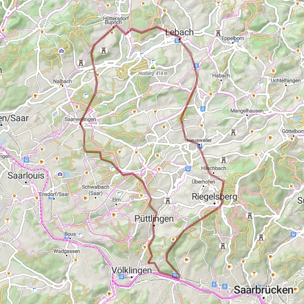Karten-Miniaturansicht der Radinspiration "Hügeliges Abenteuer" in Saarland, Germany. Erstellt vom Tarmacs.app-Routenplaner für Radtouren