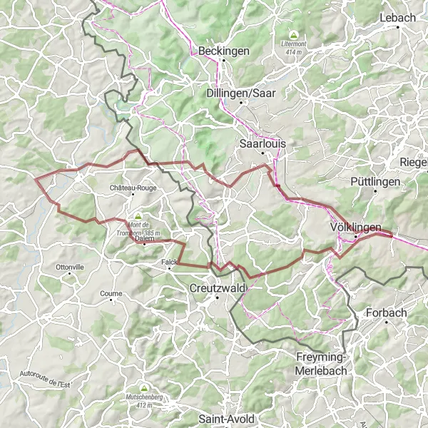 Map miniature of "The Hills of Bouzonville" cycling inspiration in Saarland, Germany. Generated by Tarmacs.app cycling route planner