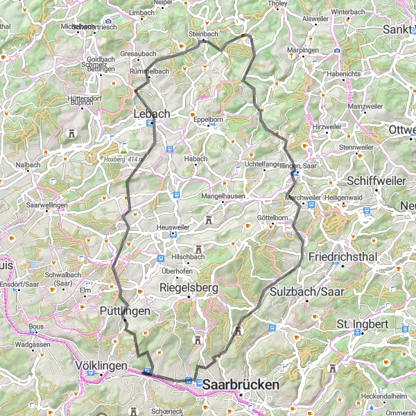 Map miniature of "Luisenthal Circuit: a Scenic Road Ride through Saarland" cycling inspiration in Saarland, Germany. Generated by Tarmacs.app cycling route planner