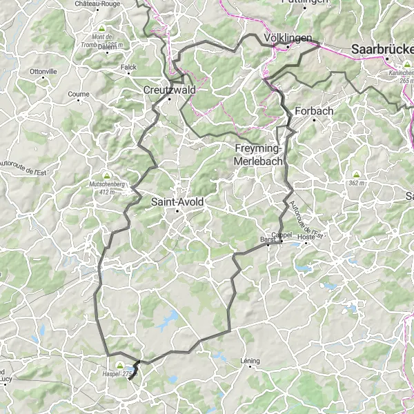 Karten-Miniaturansicht der Radinspiration "Berg und Tal in Saarland" in Saarland, Germany. Erstellt vom Tarmacs.app-Routenplaner für Radtouren