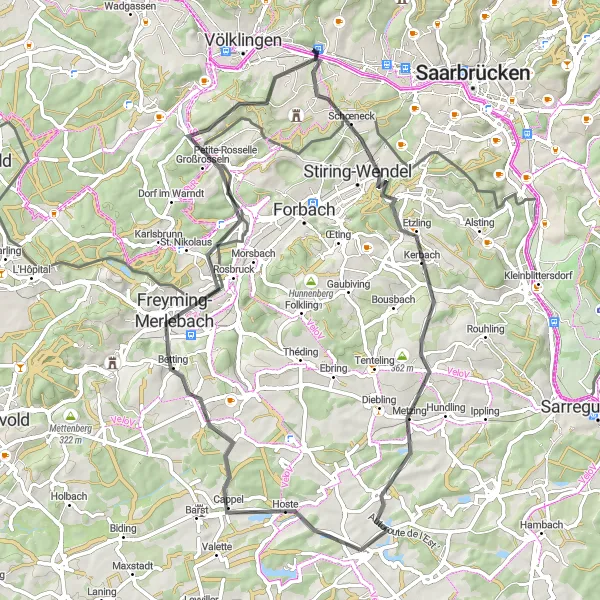 Map miniature of "Saarland Scenic Road Ride" cycling inspiration in Saarland, Germany. Generated by Tarmacs.app cycling route planner