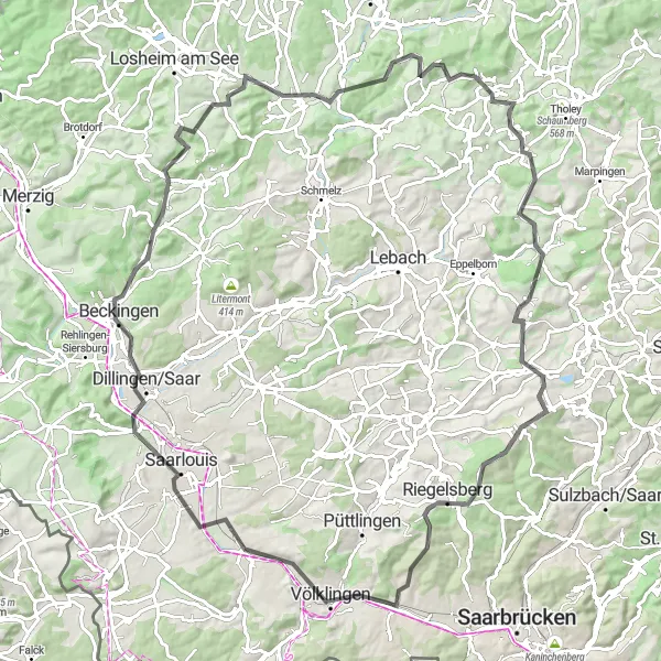 Karten-Miniaturansicht der Radinspiration "Völklingen - Riegelsberg - Schoksberg Radrundtour" in Saarland, Germany. Erstellt vom Tarmacs.app-Routenplaner für Radtouren