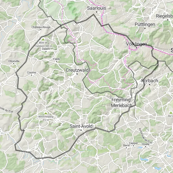 Karten-Miniaturansicht der Radinspiration "Mont de Tromborn - Schloßberg Rundtour" in Saarland, Germany. Erstellt vom Tarmacs.app-Routenplaner für Radtouren