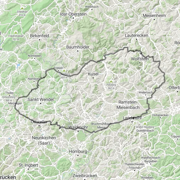 Karten-Miniaturansicht der Radinspiration "Tour de Hügel, Saarland" in Saarland, Germany. Erstellt vom Tarmacs.app-Routenplaner für Radtouren