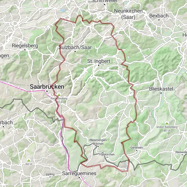 Map miniature of "From Hills to Valleys" cycling inspiration in Saarland, Germany. Generated by Tarmacs.app cycling route planner