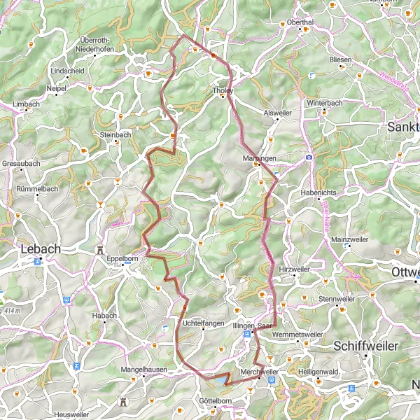 Map miniature of "The Gravel Expedition" cycling inspiration in Saarland, Germany. Generated by Tarmacs.app cycling route planner
