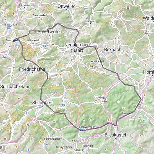 Karten-Miniaturansicht der Radinspiration "Höhen und Täler um St. Ingbert" in Saarland, Germany. Erstellt vom Tarmacs.app-Routenplaner für Radtouren