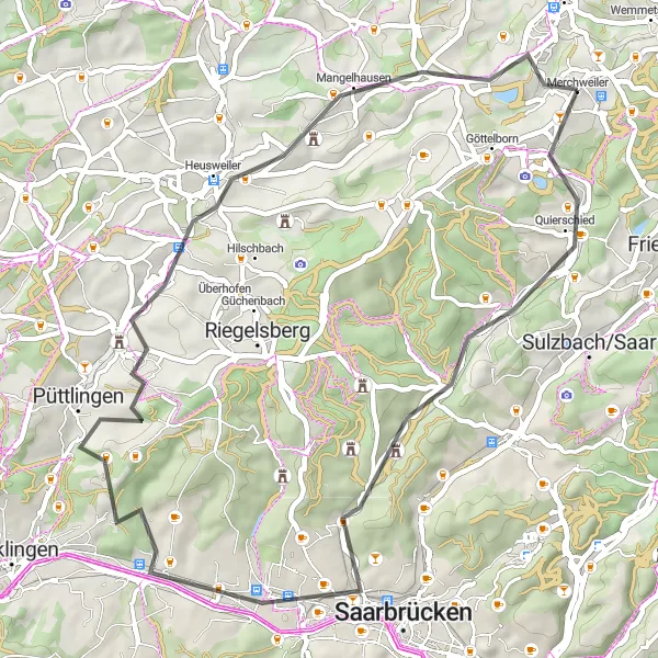 Map miniature of "Quierschied & Bergehalde Viktoria Road Route" cycling inspiration in Saarland, Germany. Generated by Tarmacs.app cycling route planner