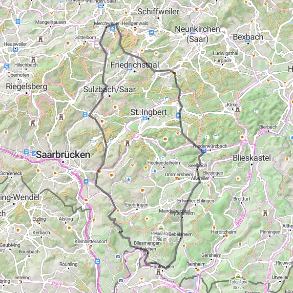 Map miniature of "Spiesen-Elversberg & Eschberg Road Route" cycling inspiration in Saarland, Germany. Generated by Tarmacs.app cycling route planner