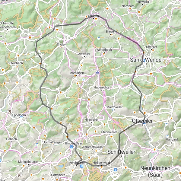 Karten-Miniaturansicht der Radinspiration "Erkunden Sie die pittoreske Umgebung von Merchweiler auf dem Fahrrad" in Saarland, Germany. Erstellt vom Tarmacs.app-Routenplaner für Radtouren