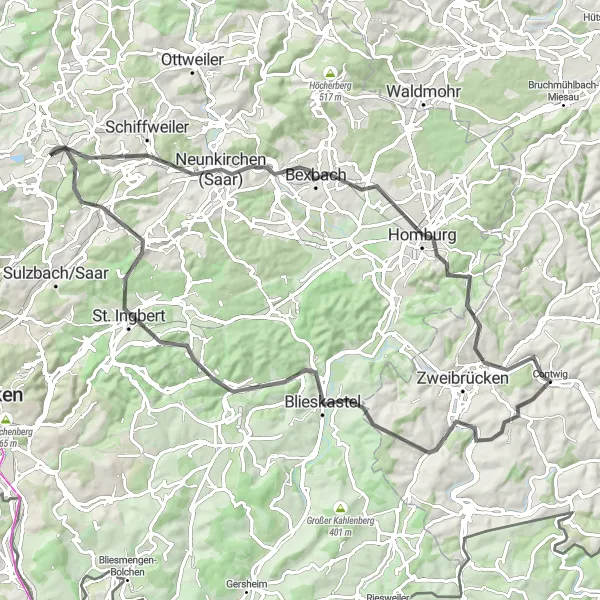 Map miniature of "The Ultimate Road Adventure" cycling inspiration in Saarland, Germany. Generated by Tarmacs.app cycling route planner