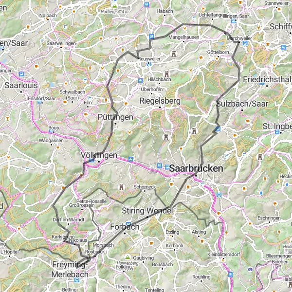 Map miniature of "The Himmelspfeil Loop" cycling inspiration in Saarland, Germany. Generated by Tarmacs.app cycling route planner