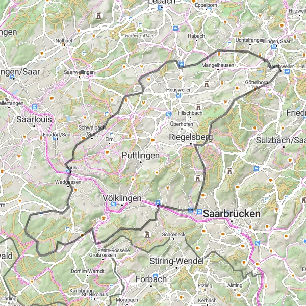 Karten-Miniaturansicht der Radinspiration "Die Straßenroute der Gipfel" in Saarland, Germany. Erstellt vom Tarmacs.app-Routenplaner für Radtouren