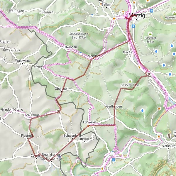Map miniature of "Geisberg Gravel Adventure" cycling inspiration in Saarland, Germany. Generated by Tarmacs.app cycling route planner