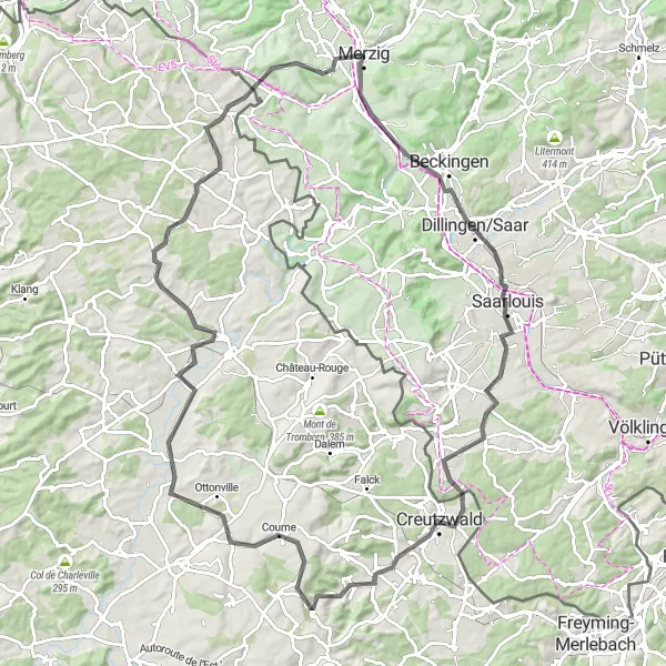Map miniature of "Merzig Loop" cycling inspiration in Saarland, Germany. Generated by Tarmacs.app cycling route planner