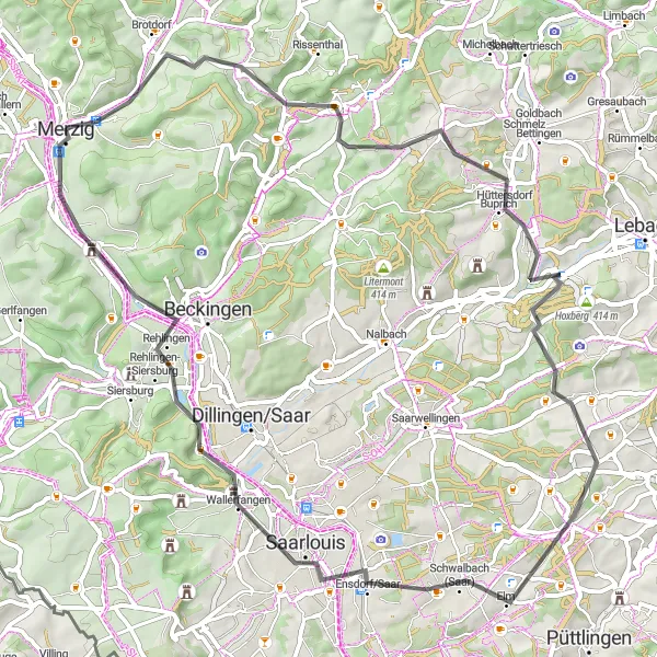 Karten-Miniaturansicht der Radinspiration "Hügeliges Road-Biking um Merzig" in Saarland, Germany. Erstellt vom Tarmacs.app-Routenplaner für Radtouren