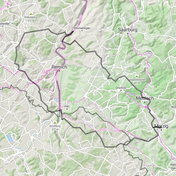 Map miniature of "Merzig-Canach Challenge" cycling inspiration in Saarland, Germany. Generated by Tarmacs.app cycling route planner