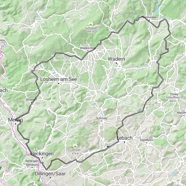 Karten-Miniaturansicht der Radinspiration "Große Road-Tour rund um Merzig" in Saarland, Germany. Erstellt vom Tarmacs.app-Routenplaner für Radtouren