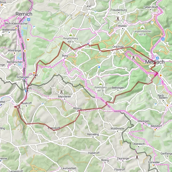 Karten-Miniaturansicht der Radinspiration "Gravel-Tour nach Sierck-les-Bains" in Saarland, Germany. Erstellt vom Tarmacs.app-Routenplaner für Radtouren