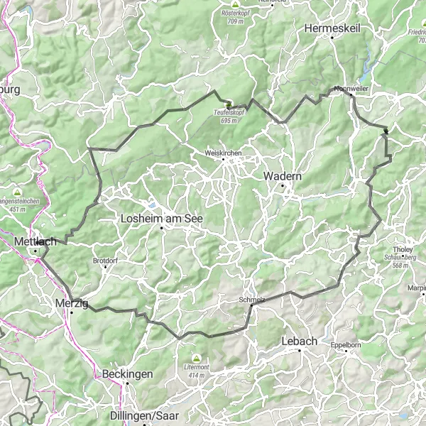 Map miniature of "The Mountain Challenge: Conquer Saarland's Toughest Climbs" cycling inspiration in Saarland, Germany. Generated by Tarmacs.app cycling route planner