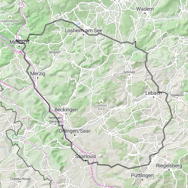 Map miniature of "The Saar Loop: A Scenic Road Cycling Tour" cycling inspiration in Saarland, Germany. Generated by Tarmacs.app cycling route planner