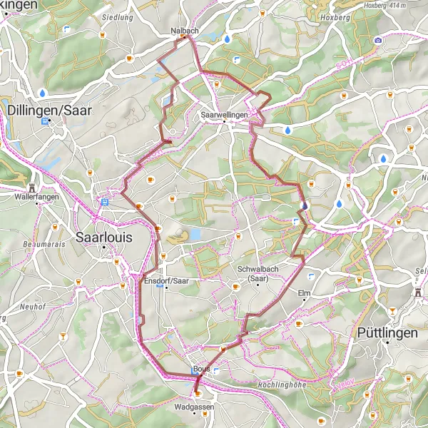 Karten-Miniaturansicht der Radinspiration "Abenteuerliches Gravel-Radeln um Nalbach" in Saarland, Germany. Erstellt vom Tarmacs.app-Routenplaner für Radtouren