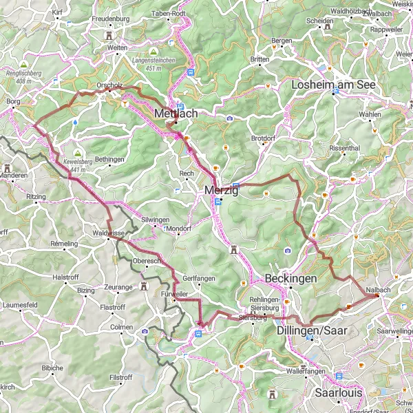 Karten-Miniaturansicht der Radinspiration "Panorama-Gravel-Tour rund um Nalbach" in Saarland, Germany. Erstellt vom Tarmacs.app-Routenplaner für Radtouren