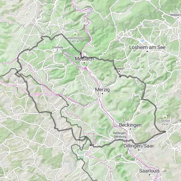 Karten-Miniaturansicht der Radinspiration "Hügeliges Saarland entdecken" in Saarland, Germany. Erstellt vom Tarmacs.app-Routenplaner für Radtouren